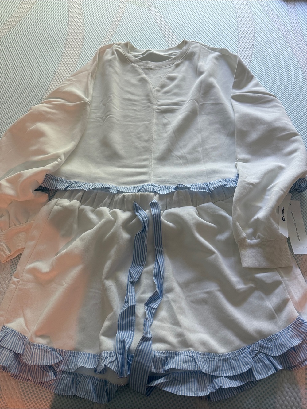White Ruffle Trim Lounge Top with Blue Stripe Accents